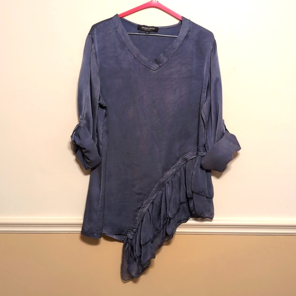 Vivian Shyu Silk steel-blue evening top w/ diagonal ruffle